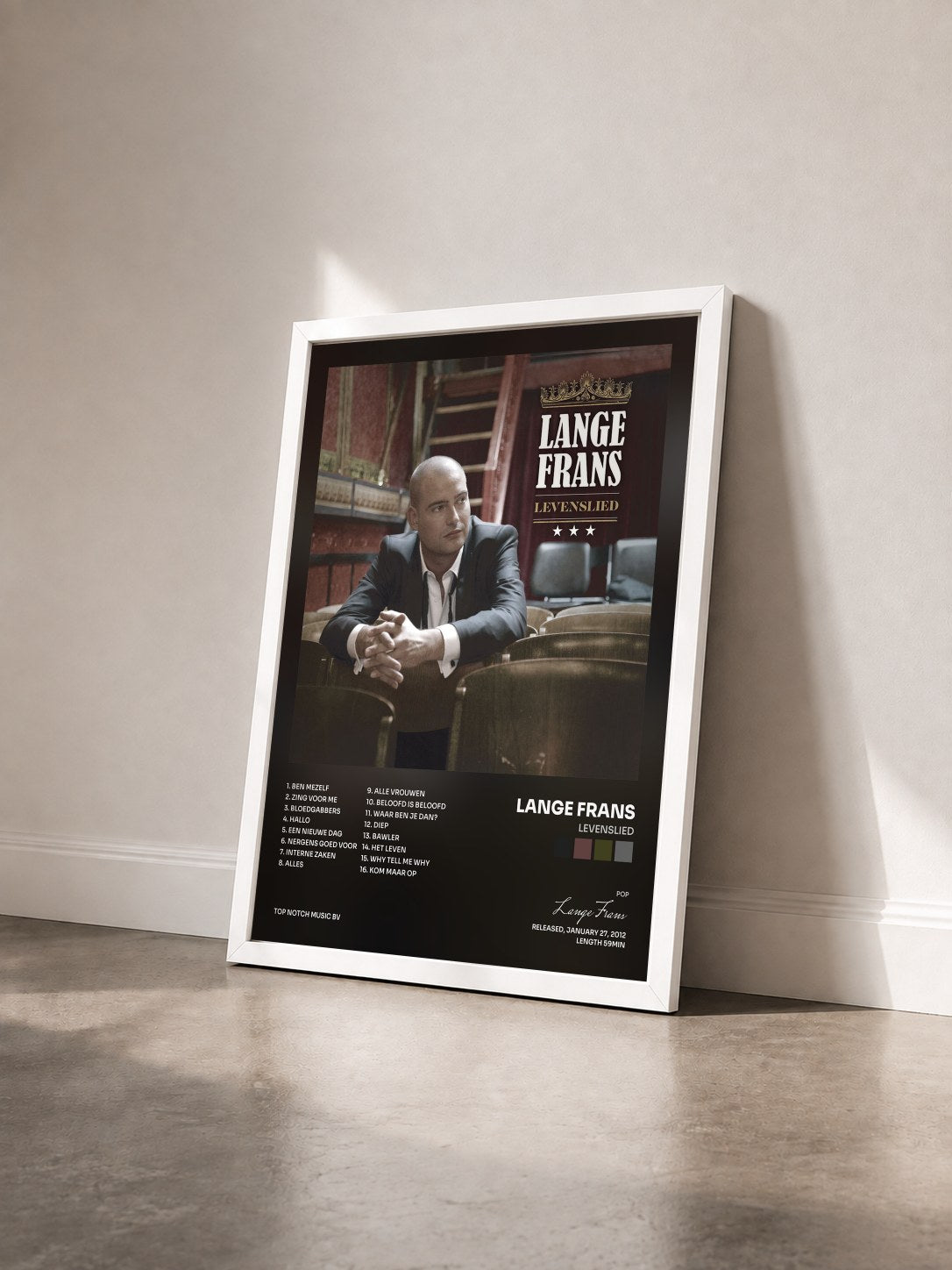 #blanc Tableau de l'album Levenslied de Lange Frans vu de trois quarts, cadre blanc