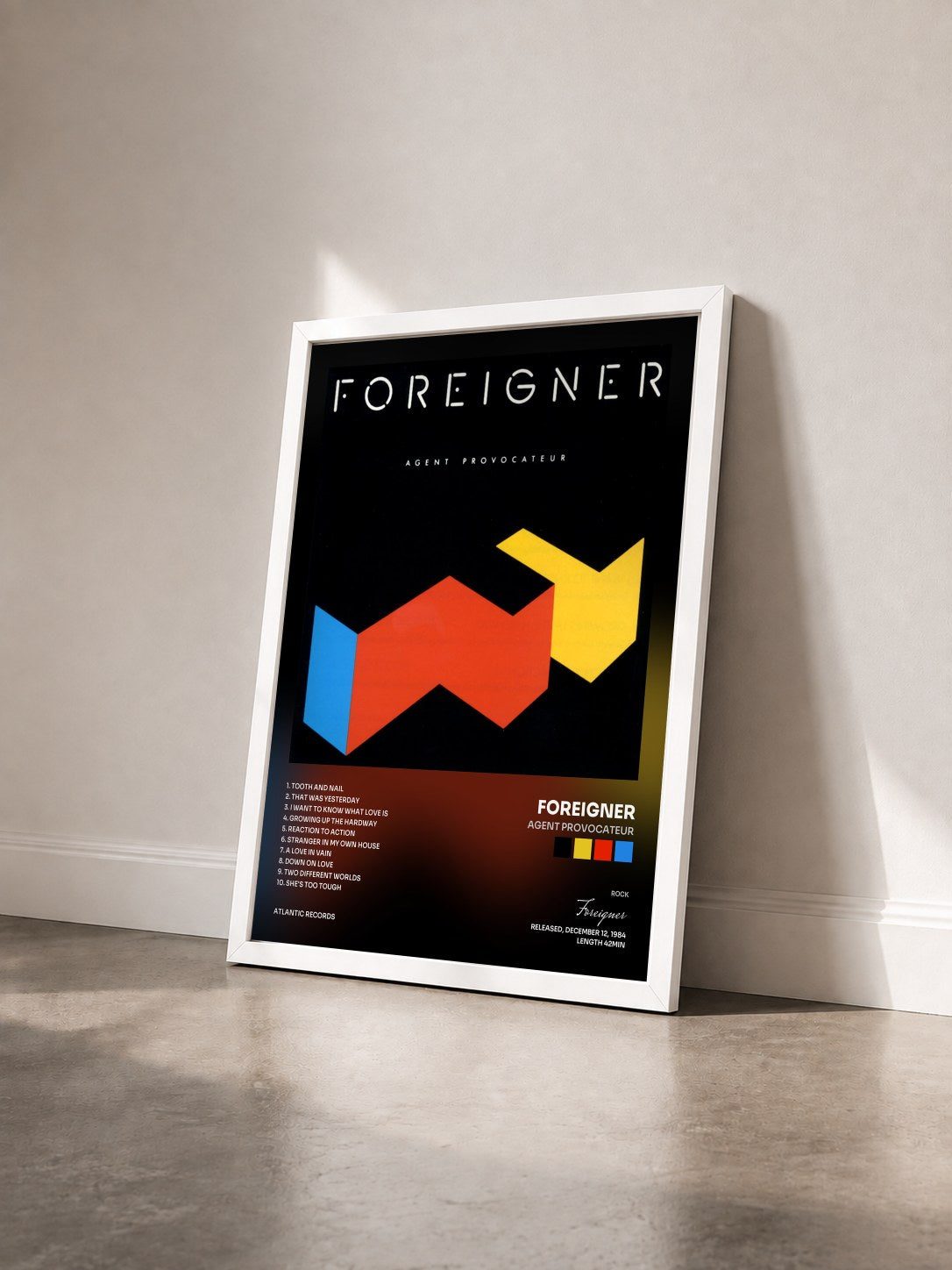 #blanc Tableau de l'album Agent Provocateur de Foreigner vu de trois quarts, cadre blanc