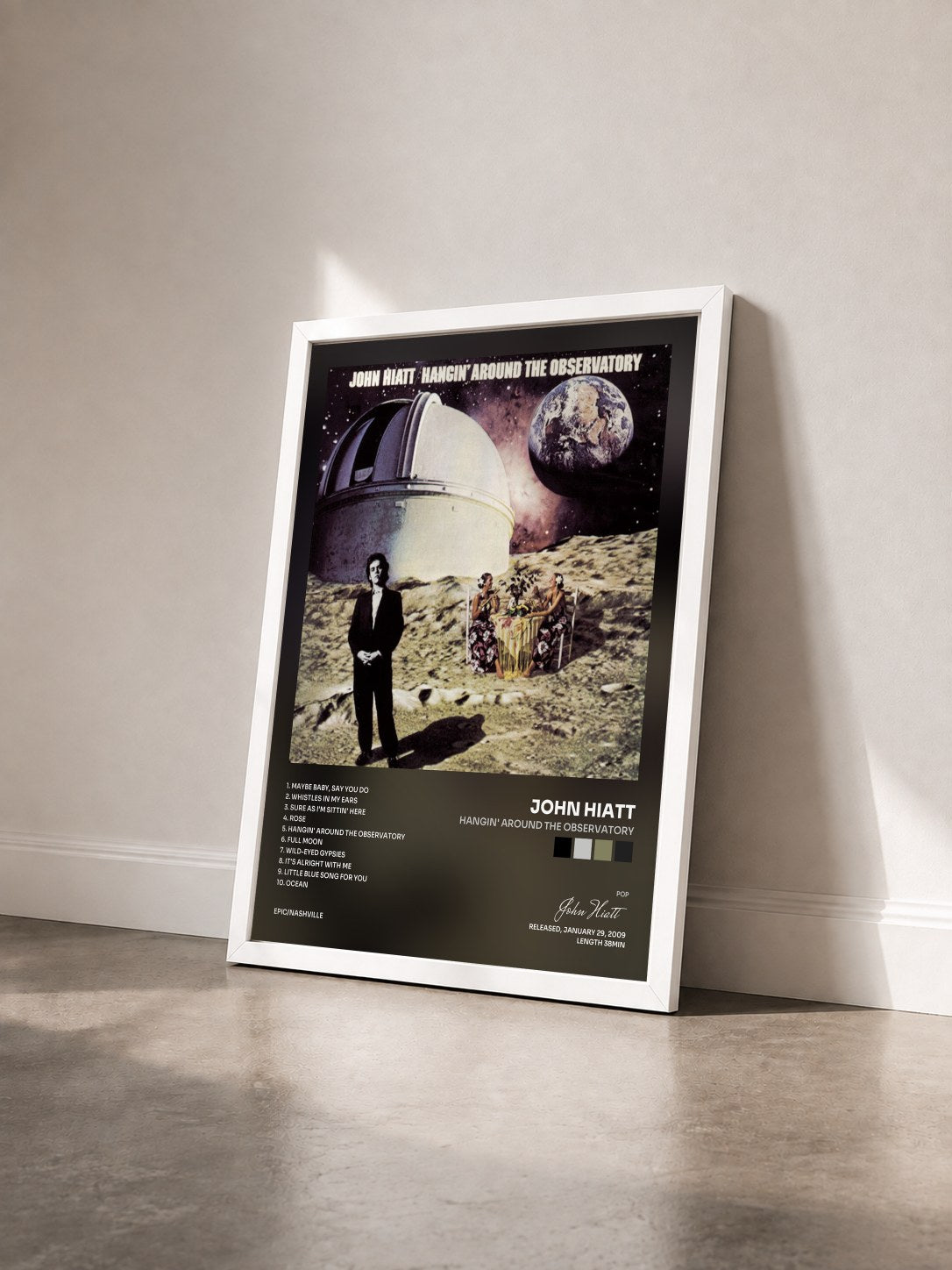 #blanc Tableau de l'album Hangin' Around The Observatory de John Hiatt vu de trois quarts, cadre blanc