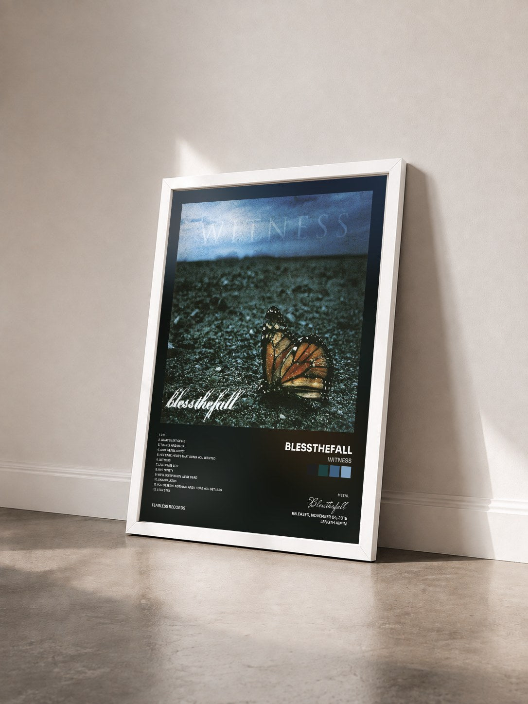 #blanc Tableau de l'album Witness de Blessthefall vu de trois quarts, cadre blanc