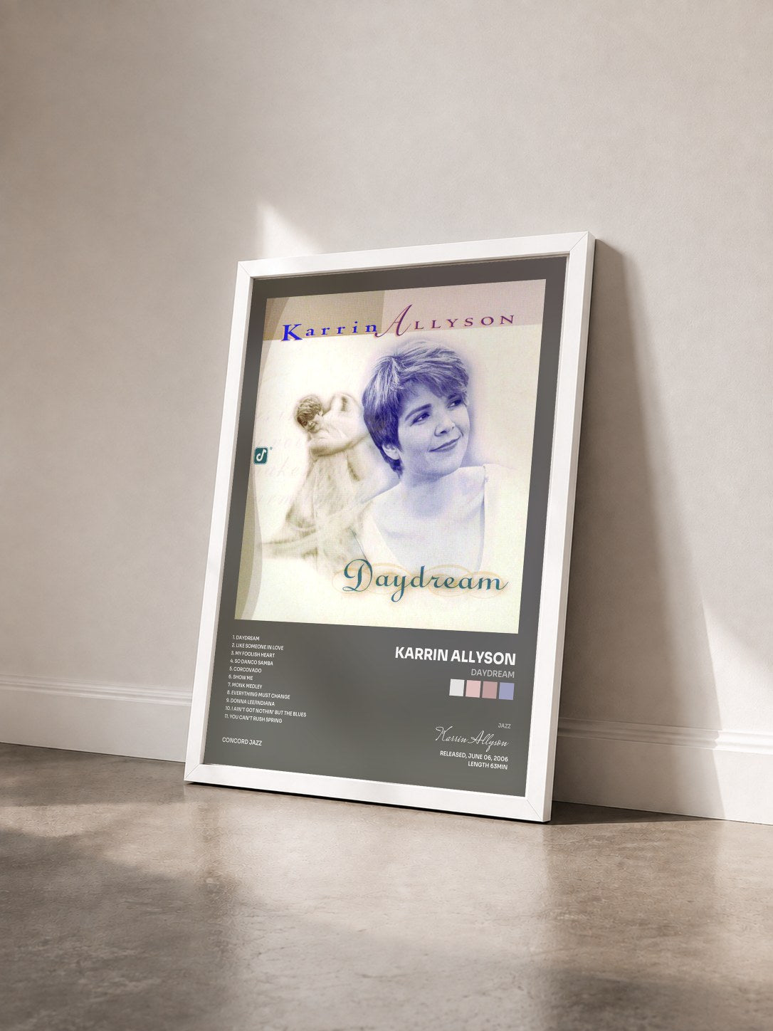 #blanc Tableau de l'album Daydream de Karrin Allyson vu de trois quarts, cadre blanc
