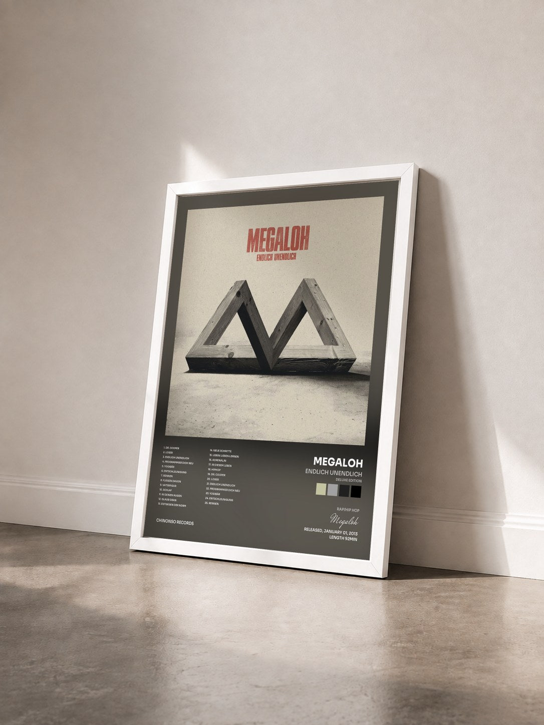 #blanc Tableau de l'album Endlich Unendlich (Deluxe Edition) de Megaloh vu de trois quarts, cadre blanc