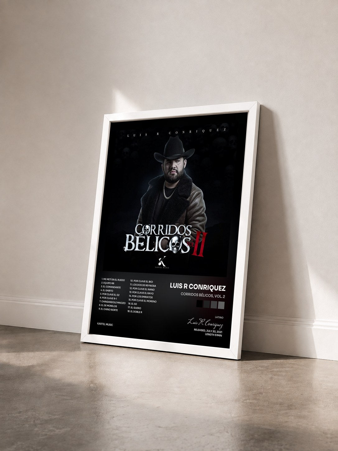 #blanc Tableau de l'album Corridos Bélicos, Vol. 2 de Luis R Conriquez vu de trois quarts, cadre blanc