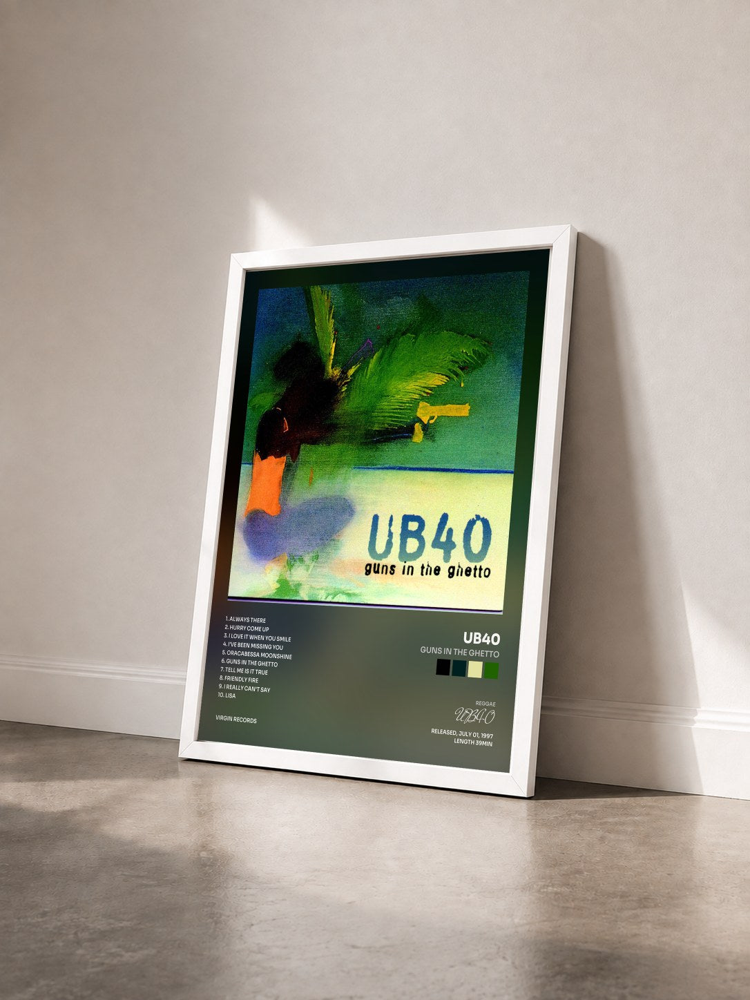 #blanc Tableau de l'album Guns In The Ghetto de UB40 vu de trois quarts, cadre blanc
