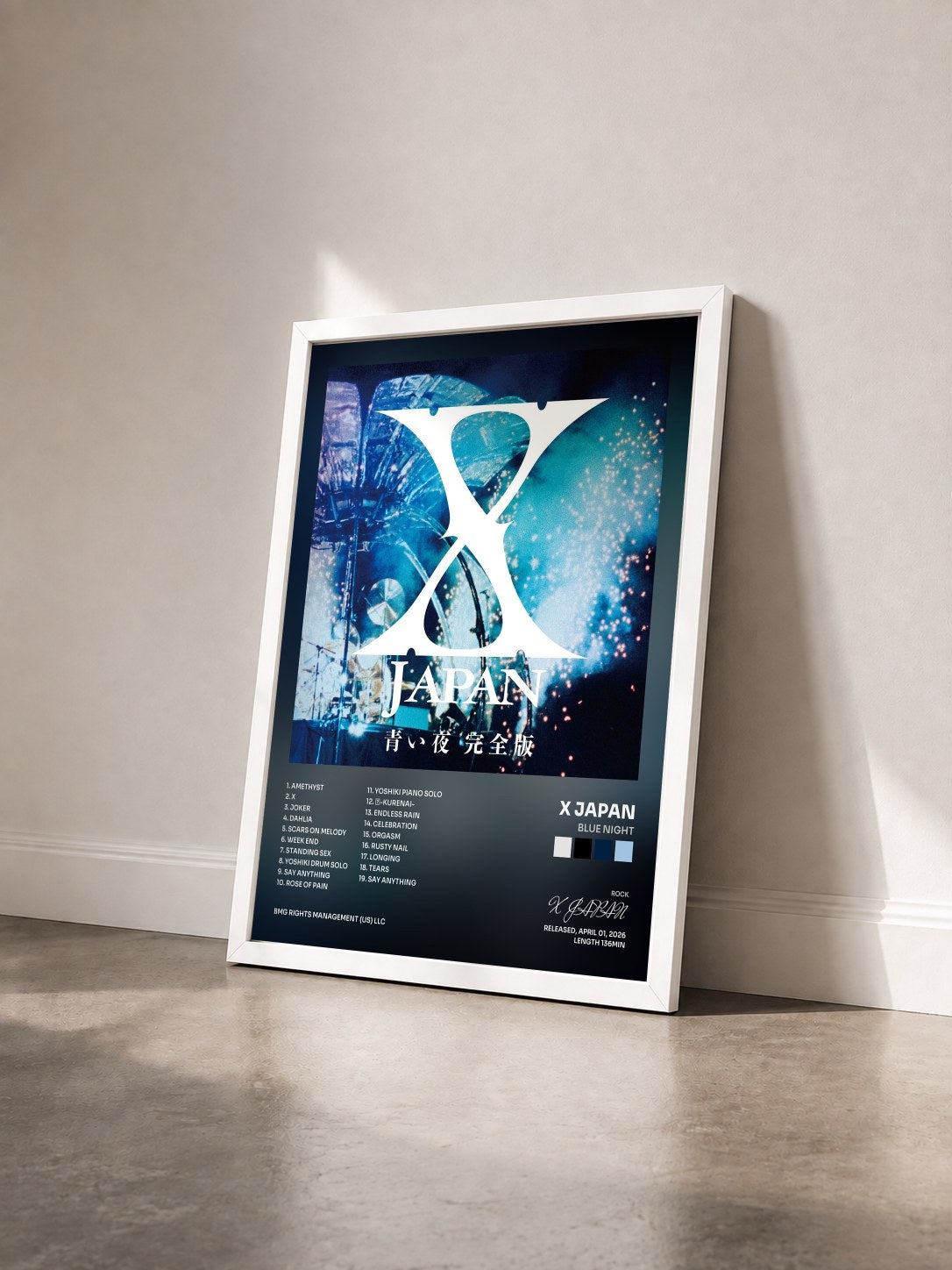#blanc Tableau de l'album Blue Night de X JAPAN vu de trois quarts, cadre blanc
