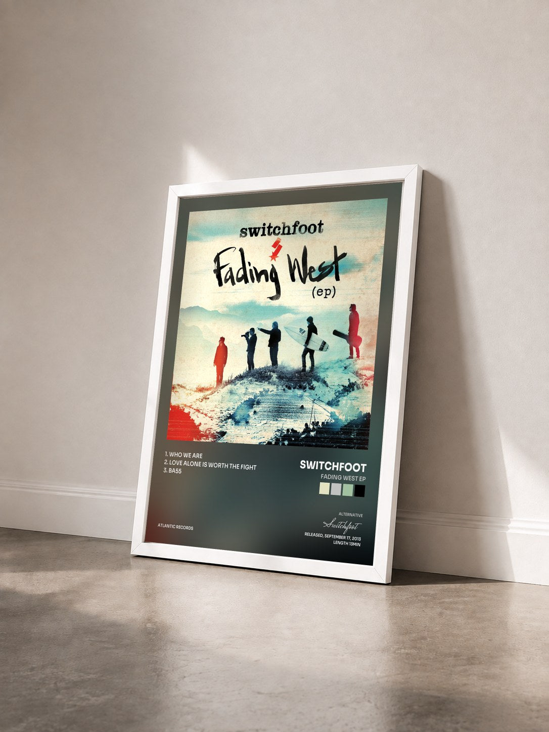 #blanc Tableau de l'album Fading West EP de Switchfoot vu de trois quarts, cadre blanc