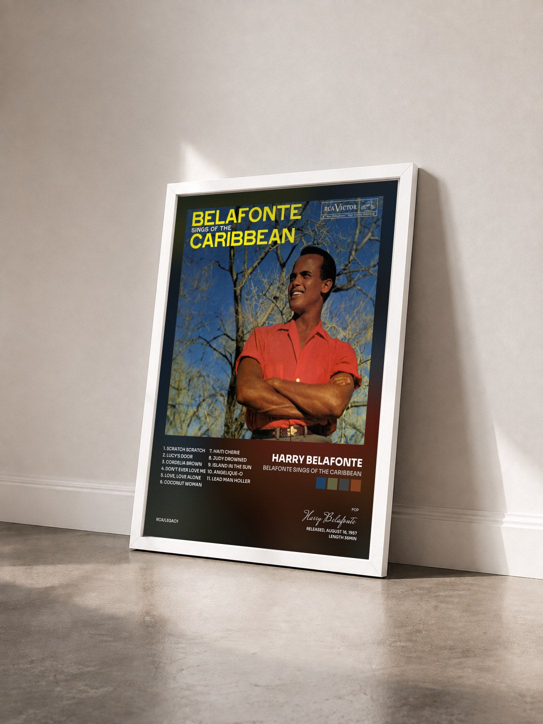 #blanc Tableau de l'album Belafonte Sings of The Caribbean de Harry Belafonte vu de trois quarts, cadre blanc