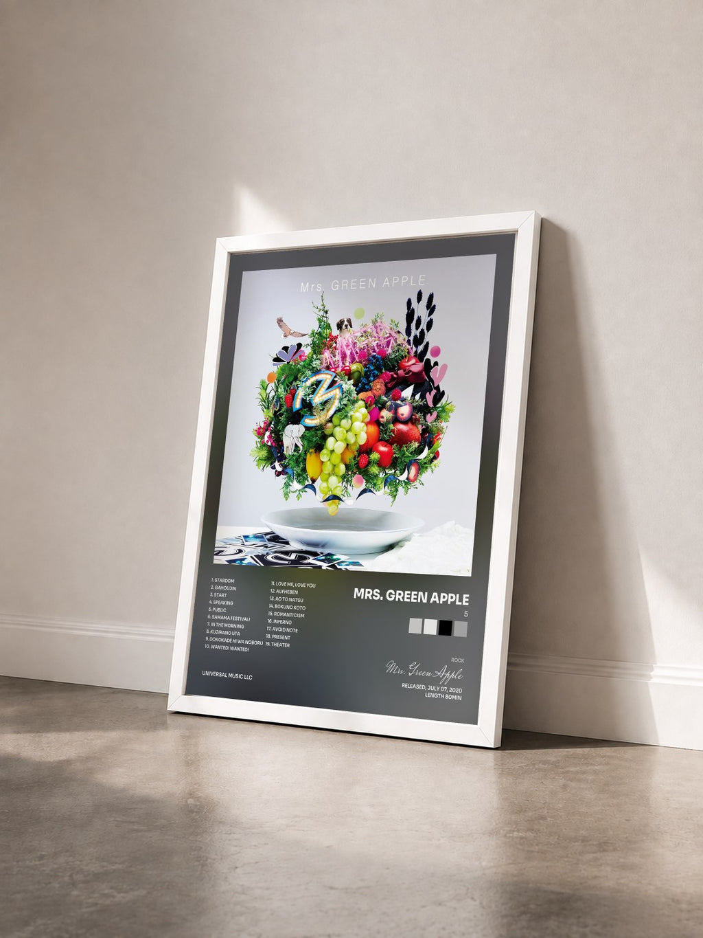 #blanc Tableau de l'album 5 de Mrs. Green Apple vu de trois quarts, cadre blanc