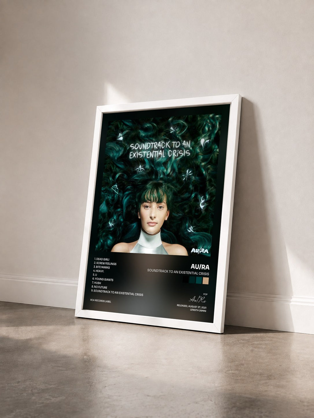 #blanc Tableau de l'album Soundtrack to an Existential Crisis de Au/Ra vu de trois quarts, cadre blanc
