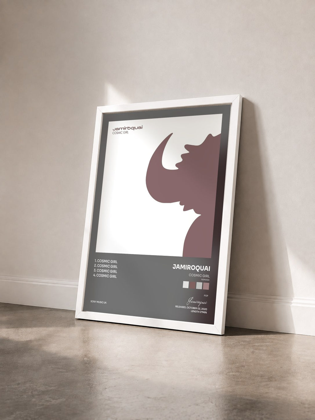 #blanc Cosmic Girl (Remixes) by Jamiroquai as a framed art print seen at an angle, white frame