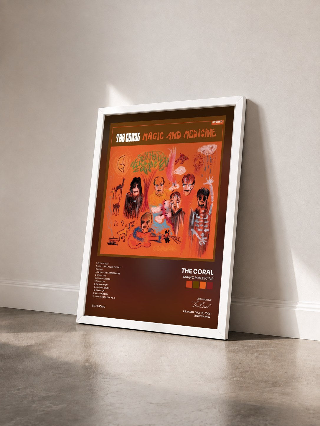#blanc Tableau de l'album Magic & Medicine de The Coral vu de trois quarts, cadre blanc