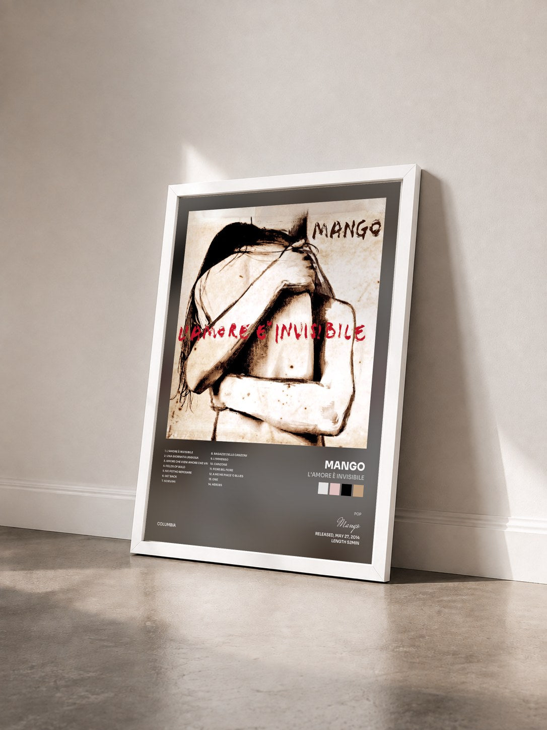 #blanc Tableau de l'album L'amore è invisibile de Mango vu de trois quarts, cadre blanc