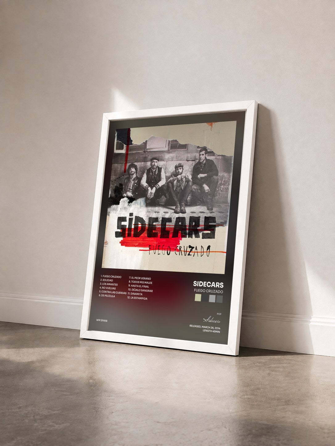 #blanc Tableau de l'album Fuego cruzado de Sidecars vu de trois quarts, cadre blanc