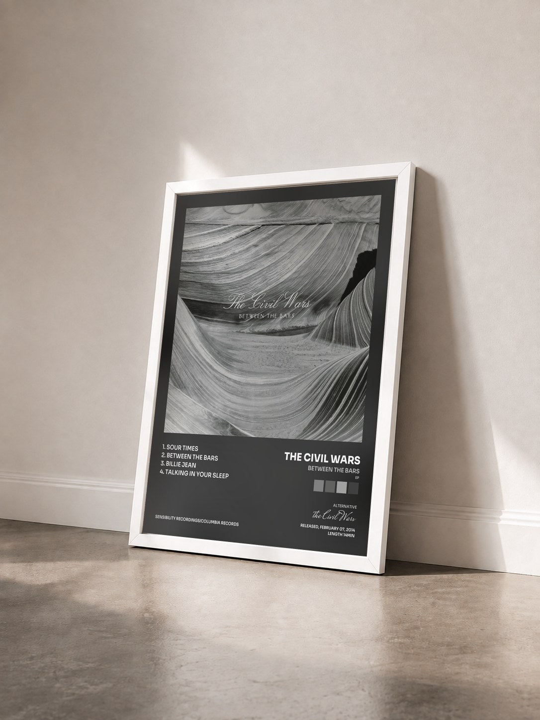 #blanc Tableau de l'album Between The Bars (EP) de the Civil Wars vu de trois quarts, cadre blanc