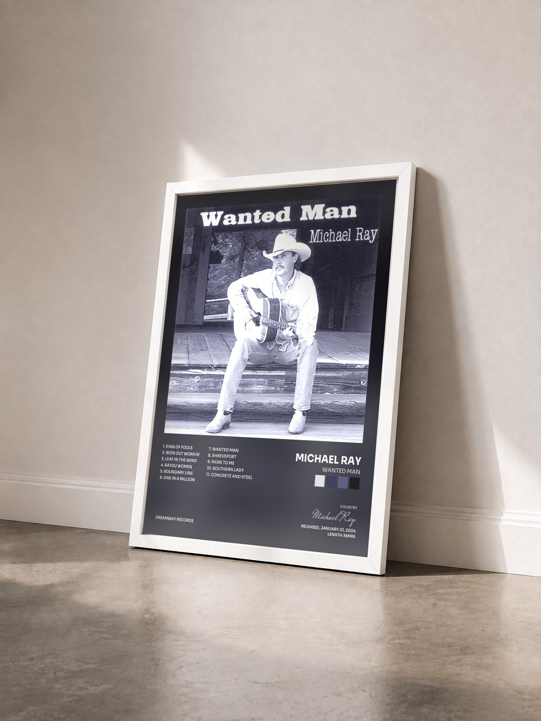 #blanc Tableau de l'album Wanted Man de Michael Ray vu de trois quarts, cadre blanc
