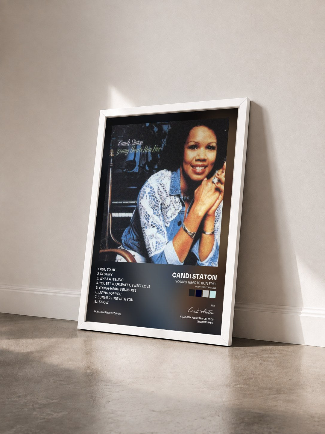 #blanc Tableau de l'album Young Hearts Run Free (US Internet Release) de Candi Staton vu de trois quarts, cadre blanc