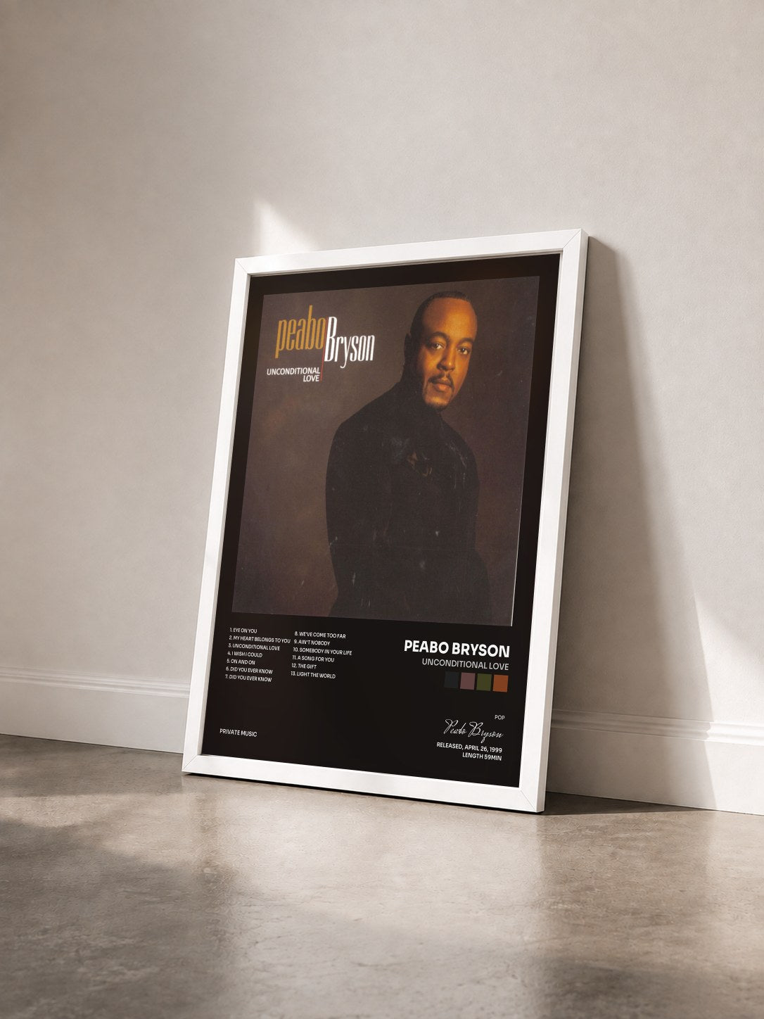 #blanc Tableau de l'album Unconditional Love de Peabo Bryson vu de trois quarts, cadre blanc