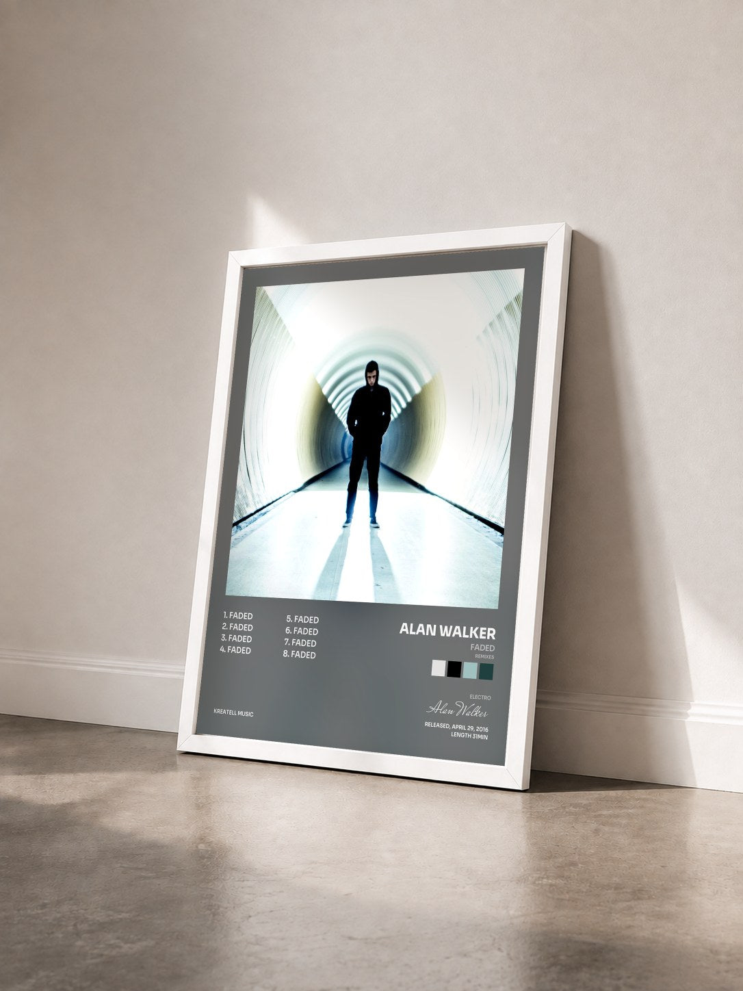 #blanc Tableau de l'album Faded (Remixes) de Alan Walker vu de trois quarts, cadre blanc