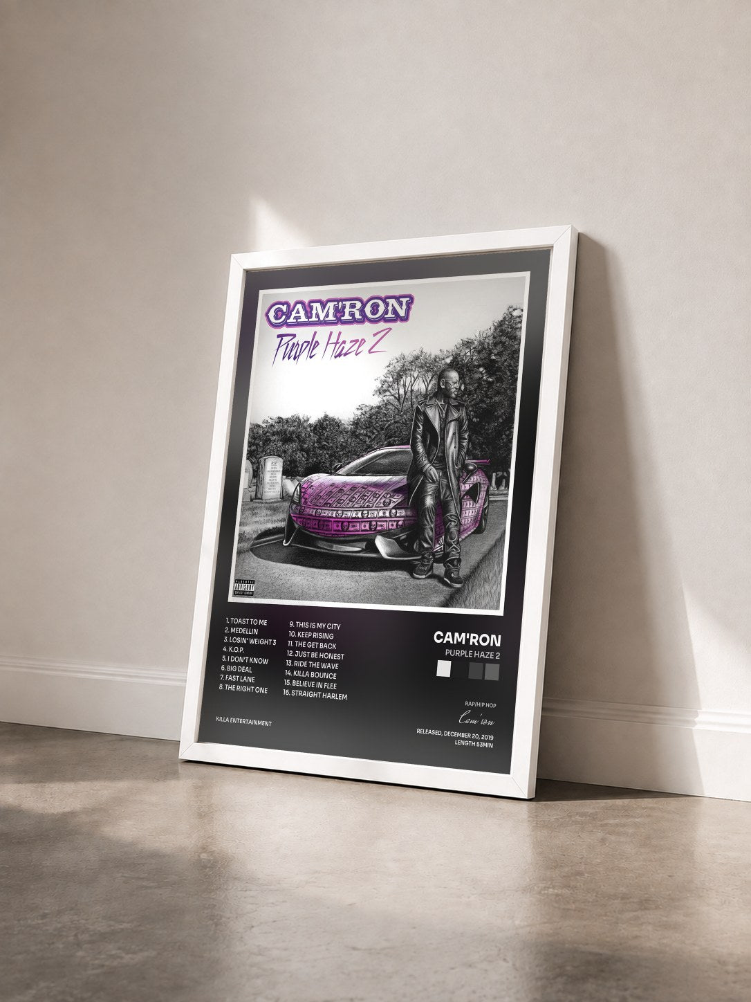 #blanc Tableau de l'album Purple Haze 2 de Cam'ron vu de trois quarts, cadre blanc