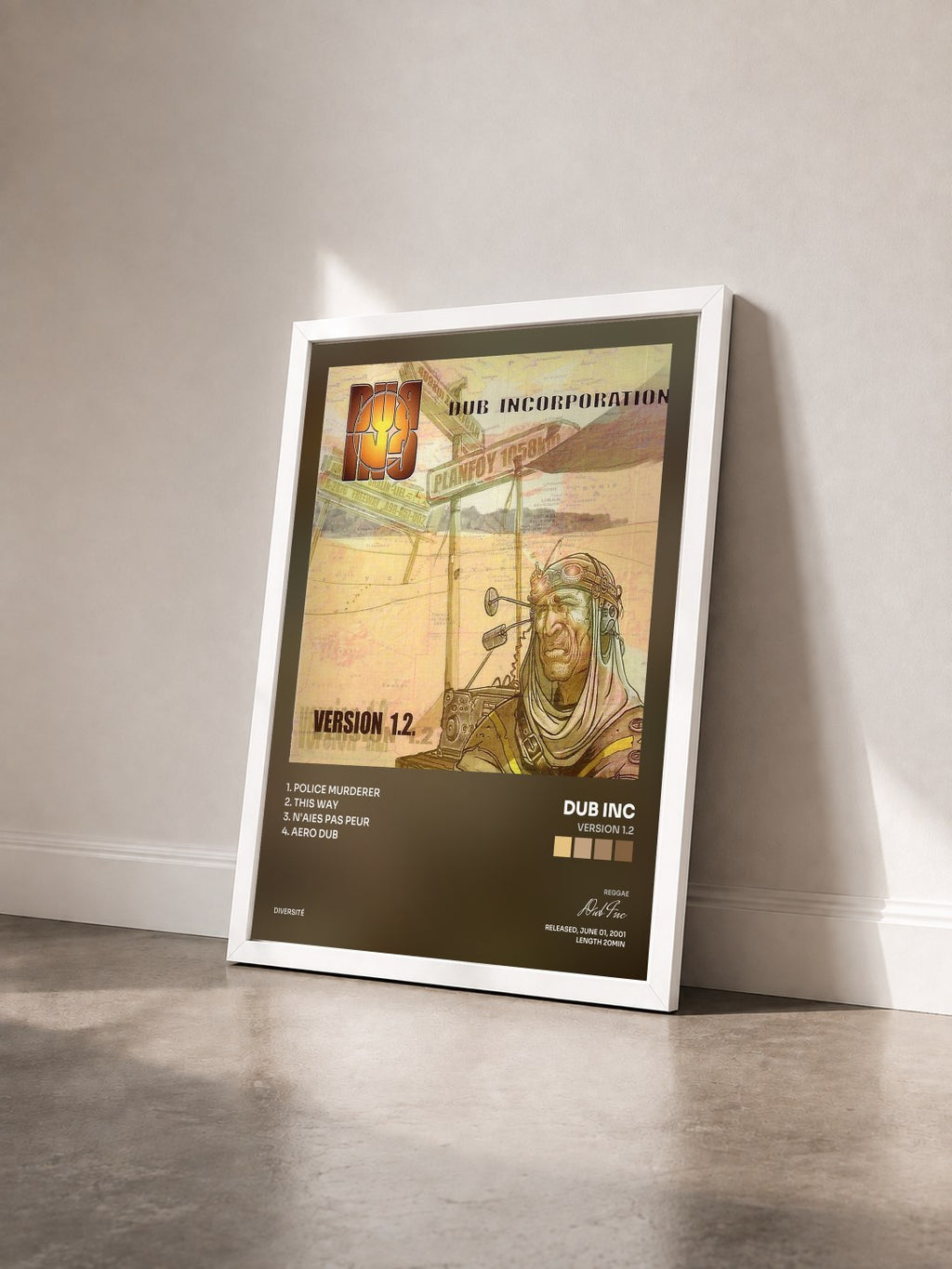 #blanc Tableau de l'album Version 1.2 de Dub Inc vu de trois quarts, cadre blanc