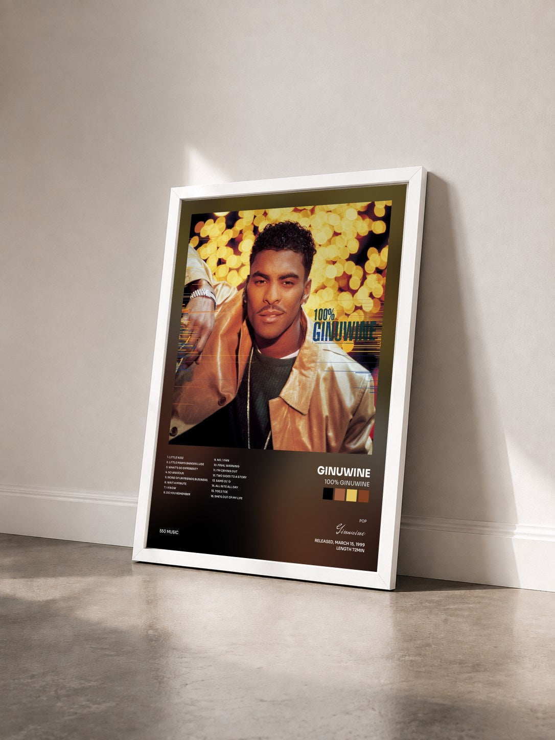 #blanc Tableau de l'album 100% Ginuwine de Ginuwine vu de trois quarts, cadre blanc