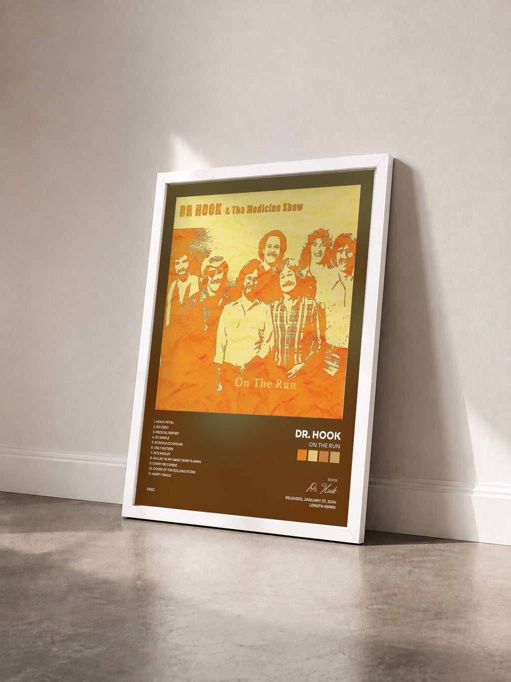 #blanc On the Run by Dr. Hook as a framed art print seen at an angle, white frame