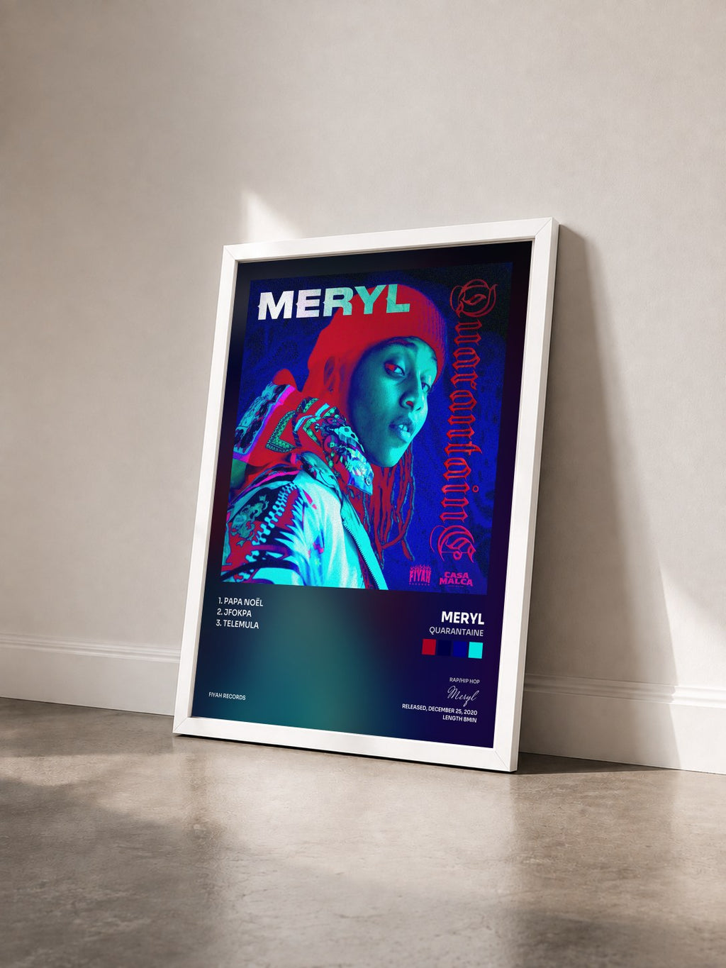 #blanc Tableau de l'album Quarantaine de Meryl vu de trois quarts, cadre blanc