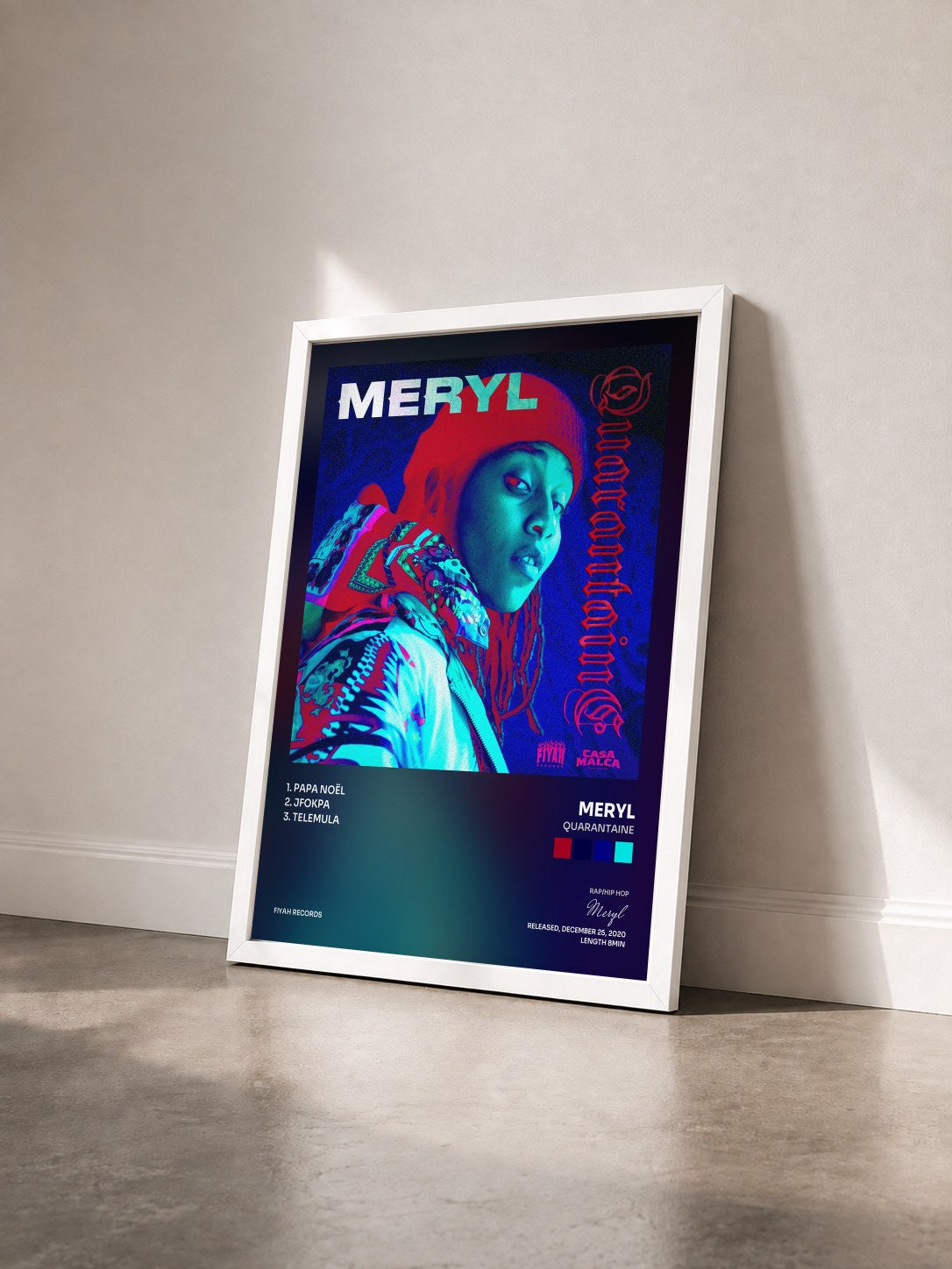 #blanc Tableau de l'album Quarantaine de Meryl vu de trois quarts, cadre blanc