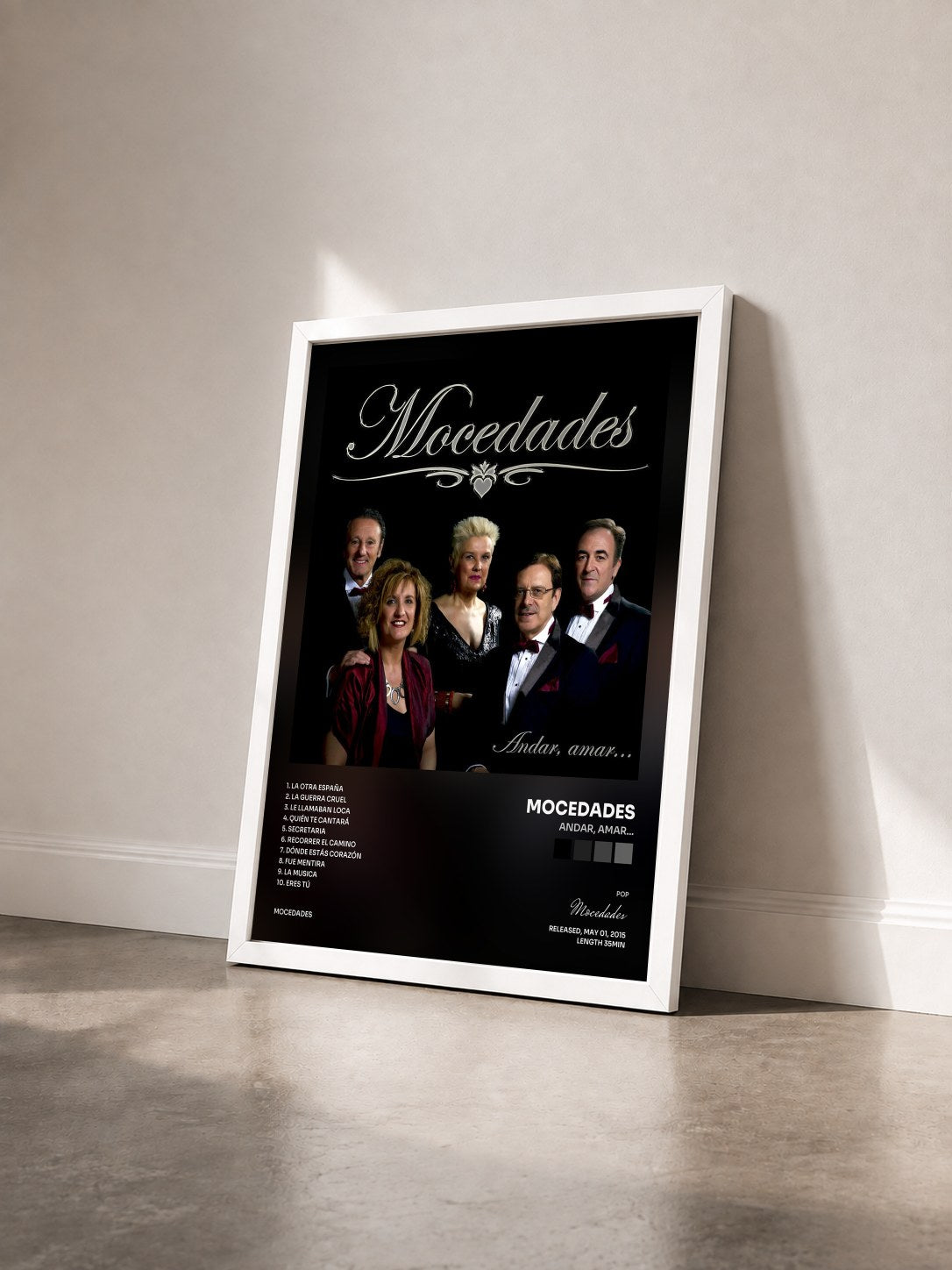 #blanc Tableau de l'album Andar, Amar... de Mocedades vu de trois quarts, cadre blanc