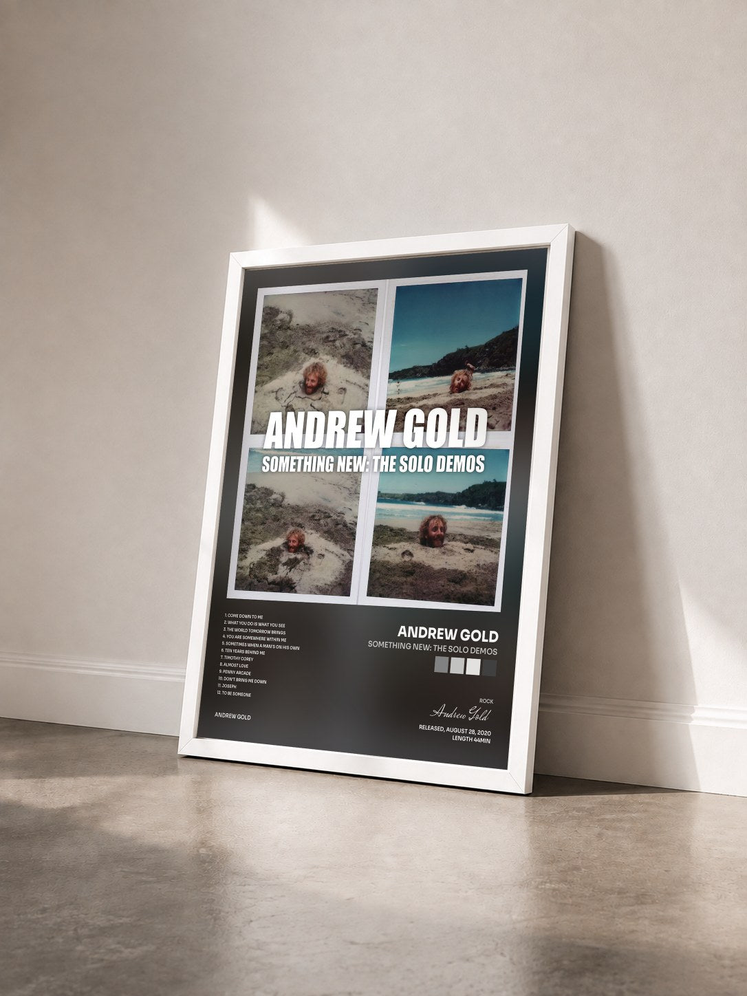 #blanc Tableau de l'album Something New: The Solo Demos de Andrew Gold vu de trois quarts, cadre blanc