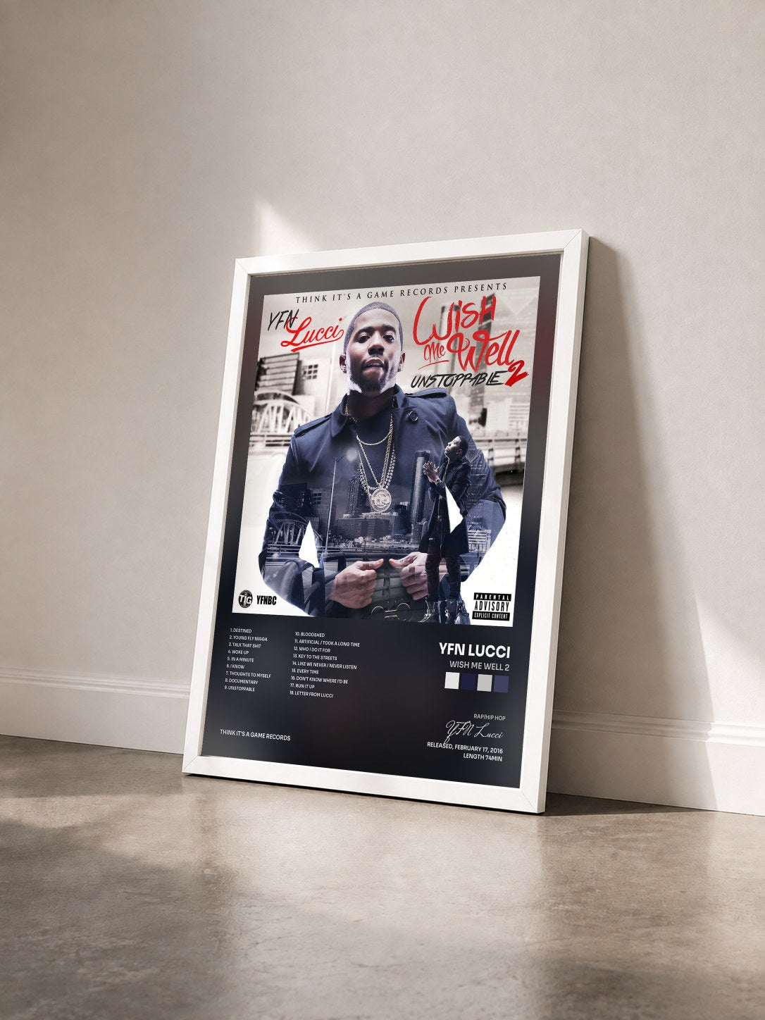 #blanc Tableau de l'album Wish Me Well 2 de YFN Lucci vu de trois quarts, cadre blanc