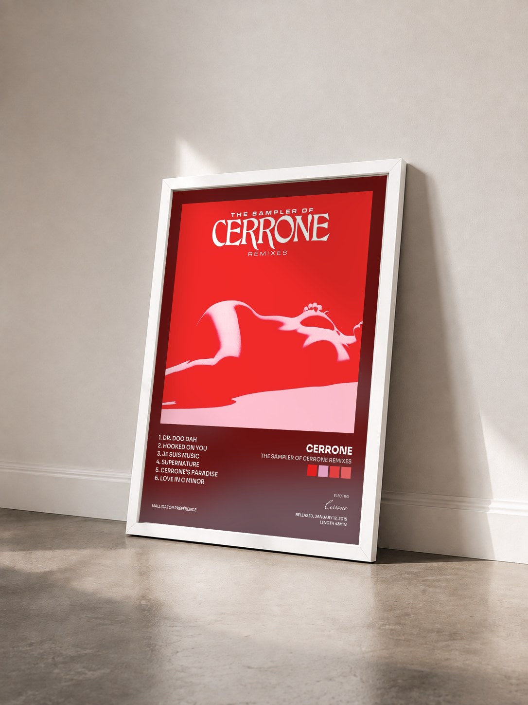 #blanc Tableau de l'album The Sampler of Cerrone Remixes de Cerrone vu de trois quarts, cadre blanc