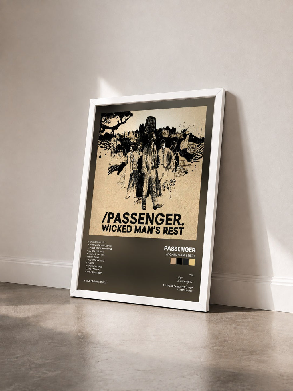#blanc Tableau de l'album Wicked Man's Rest de Passenger vu de trois quarts, cadre blanc