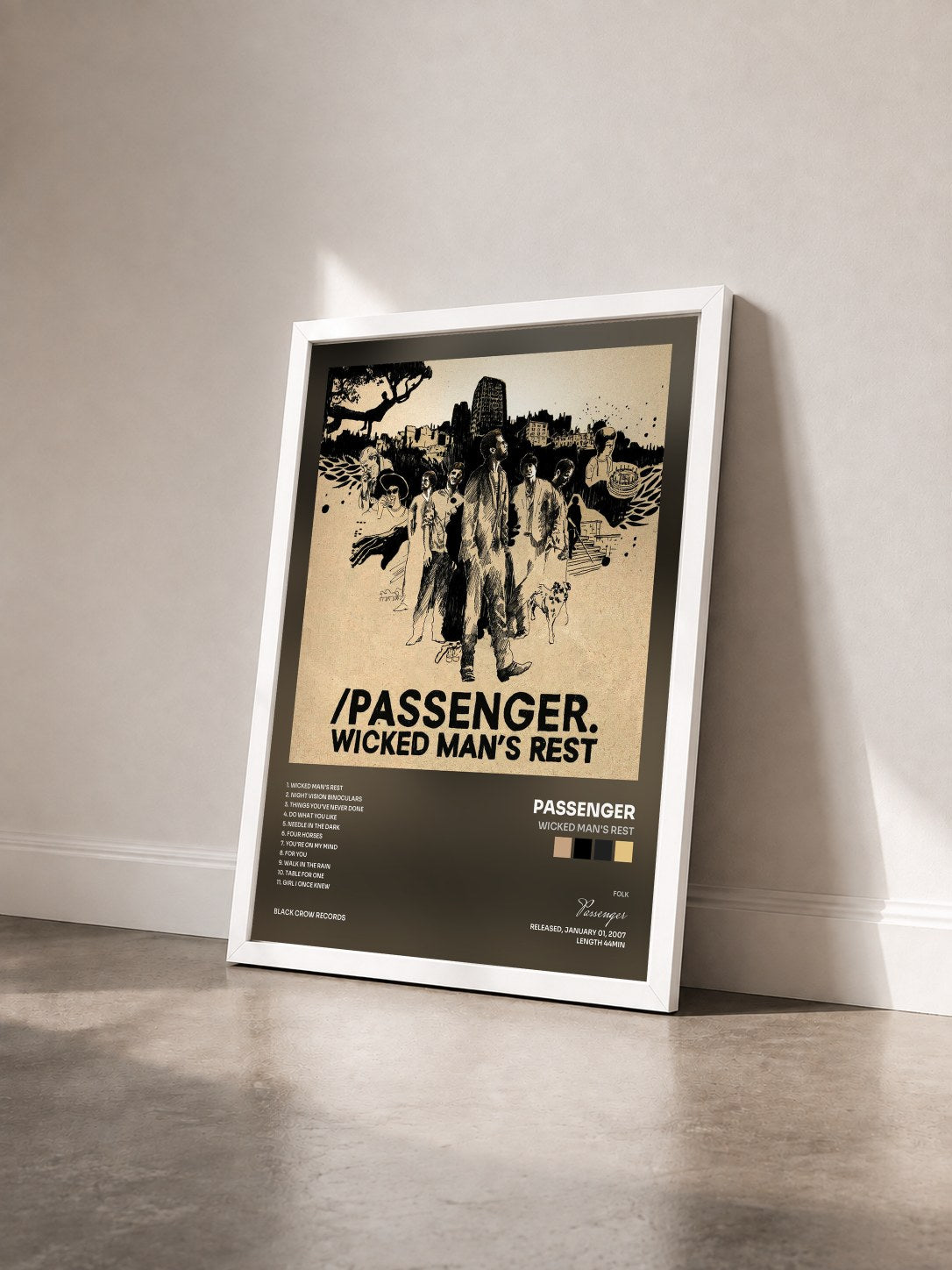 #blanc Tableau de l'album Wicked Man's Rest de Passenger vu de trois quarts, cadre blanc
