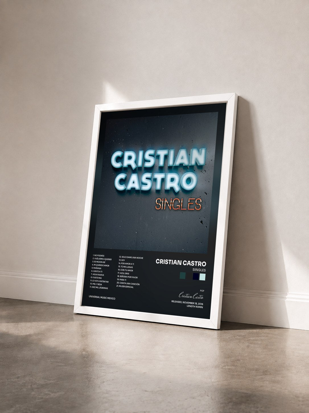 #blanc Tableau de l'album Singles de Cristian Castro vu de trois quarts, cadre blanc