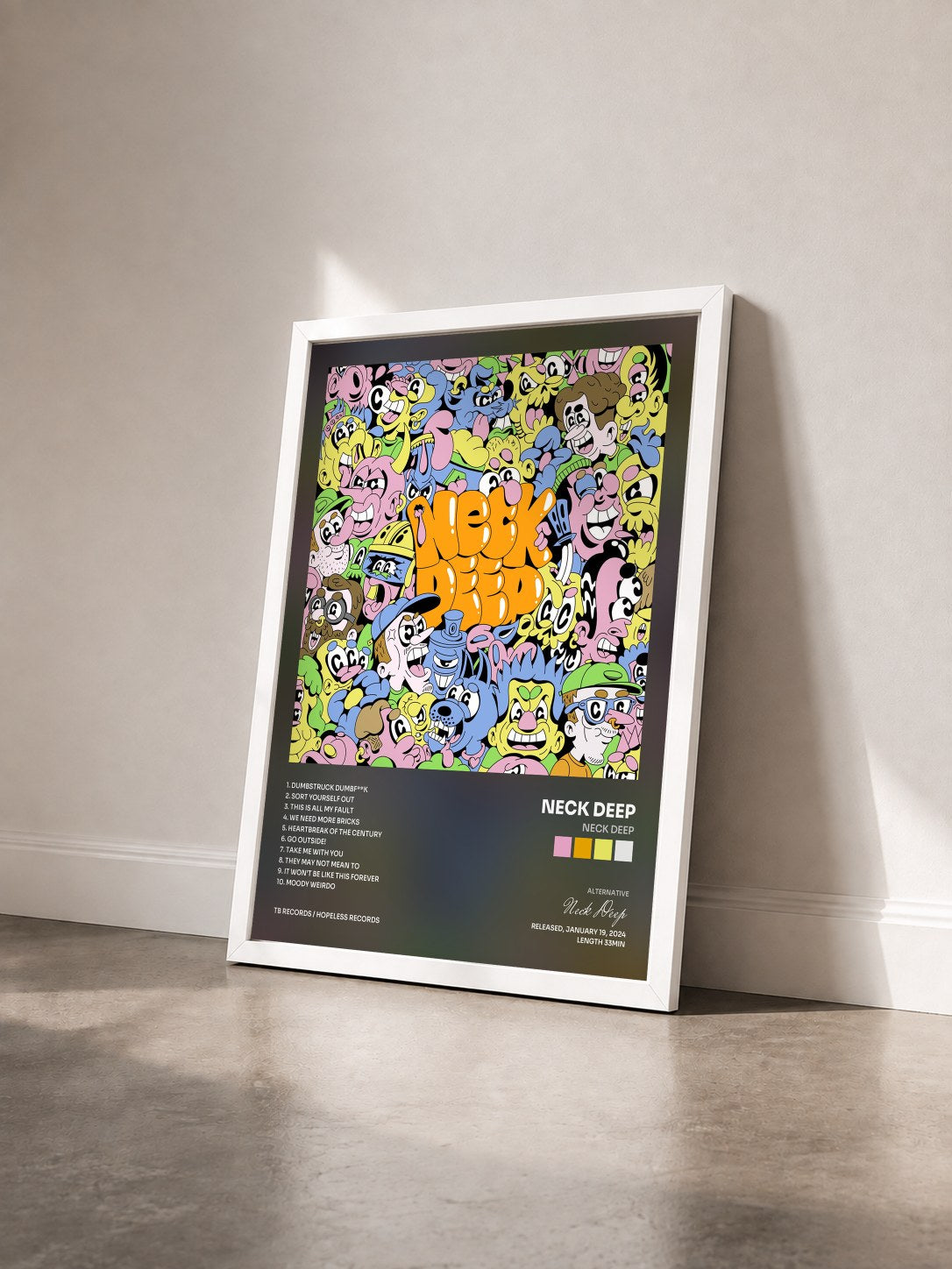 #blanc Tableau de l'album Neck Deep de Neck Deep vu de trois quarts, cadre blanc