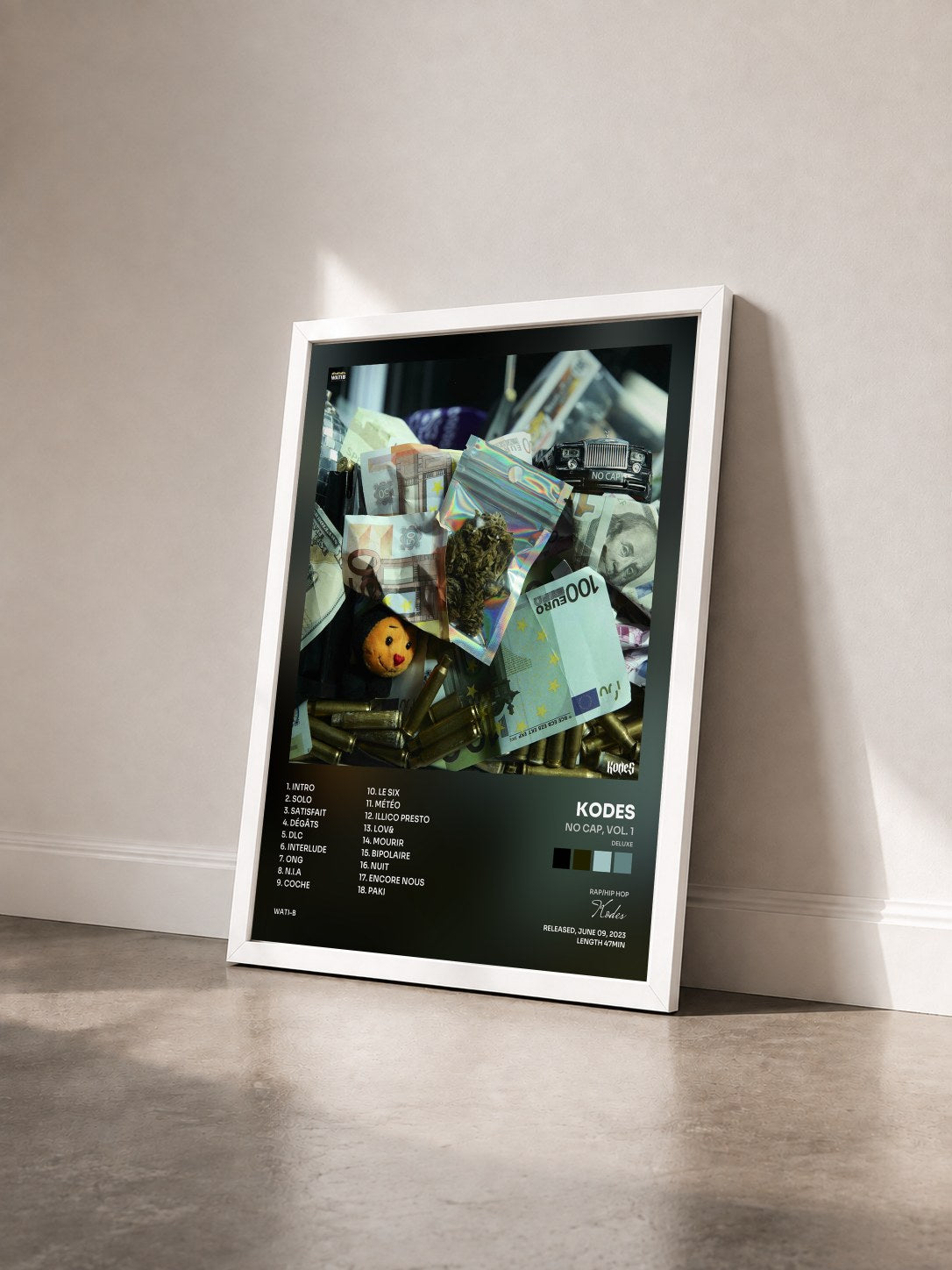 #blanc Tableau de l'album NO CAP, Vol. 1 (Deluxe) de Kodes vu de trois quarts, cadre blanc