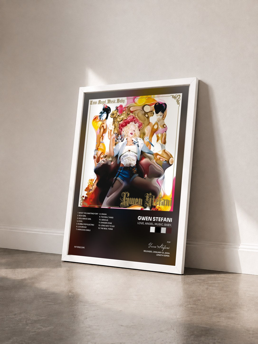 #blanc Tableau de l'album Love. Angel. Music. Baby. de Gwen Stefani vu de trois quarts, cadre blanc