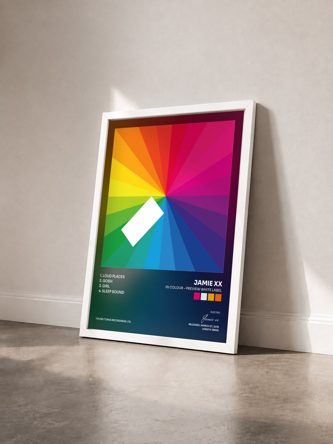 #blanc Tableau de l'album In Colour - Preview White Label de Jamie xx vu de trois quarts, cadre blanc