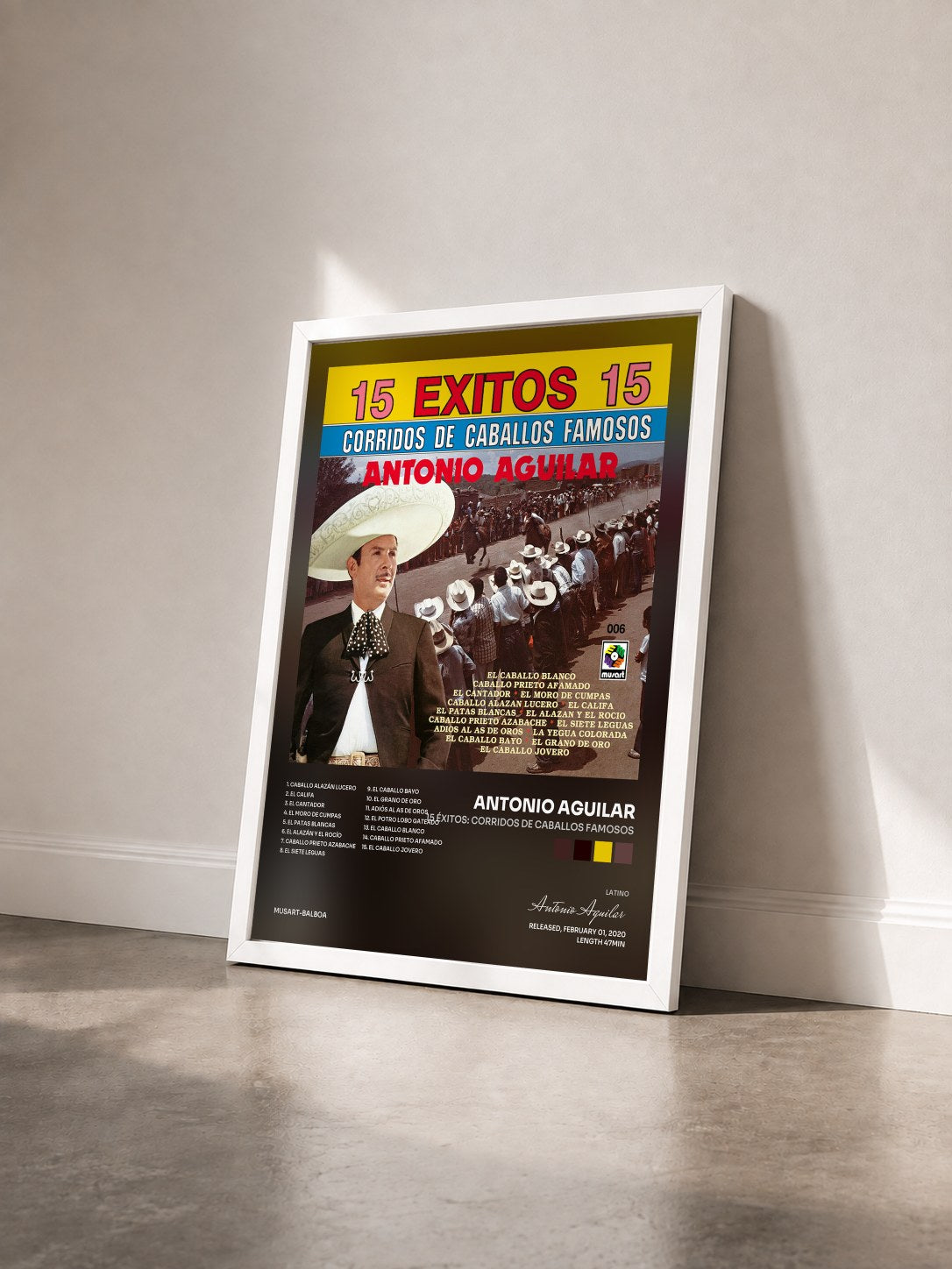 #blanc Tableau de l'album 15 Éxitos: Corridos de Caballos Famosos de Antonio Aguilar vu de trois quarts, cadre blanc
