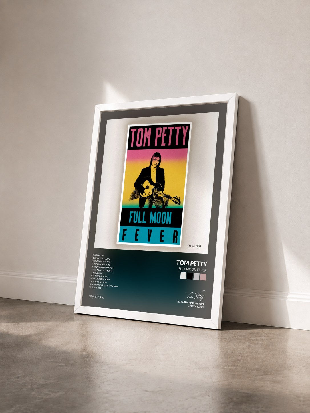 #blanc Tableau de l'album Full Moon Fever de Tom Petty vu de trois quarts, cadre blanc