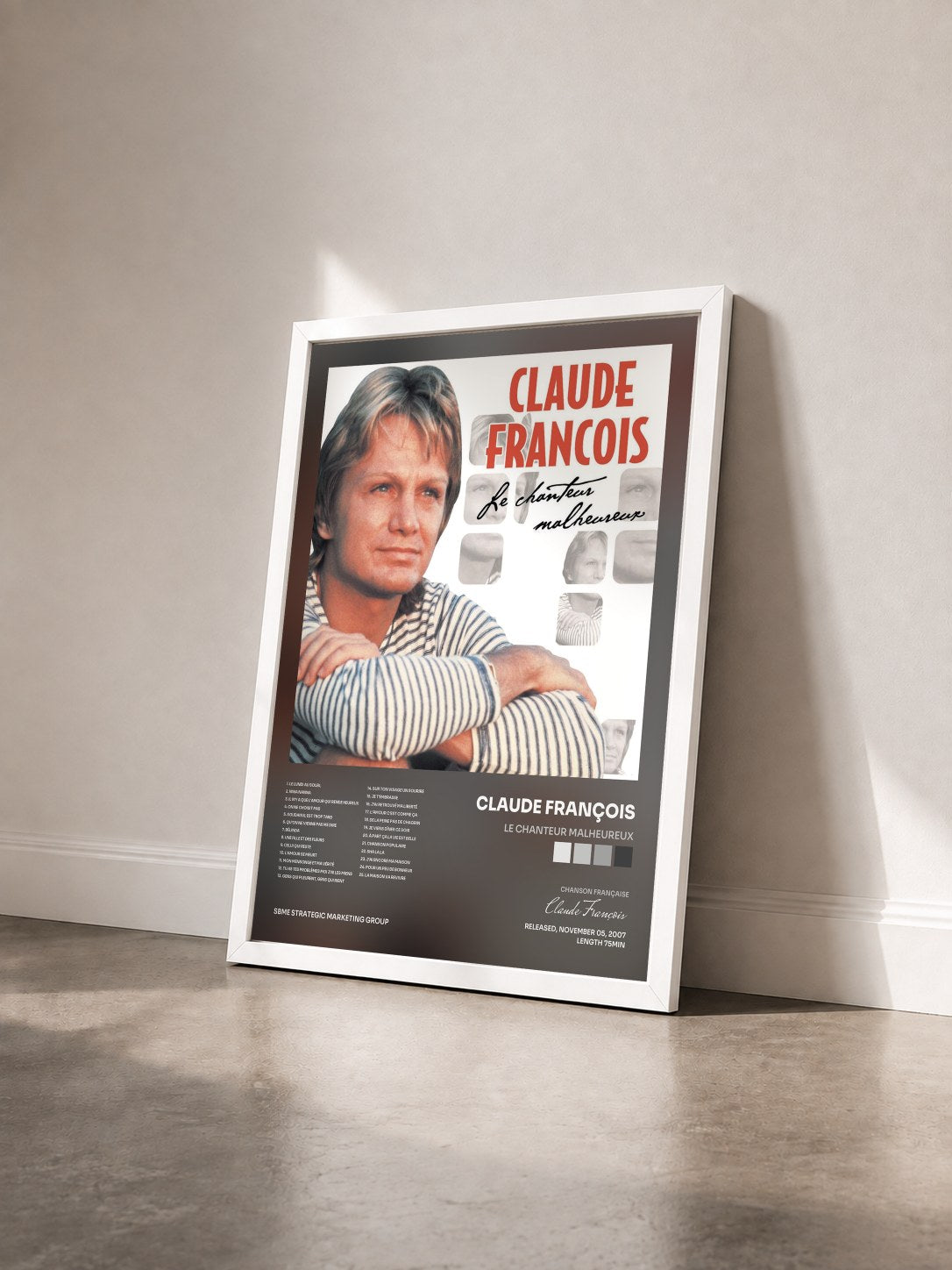 #blanc Tableau de l'album Le Chanteur Malheureux de Claude François vu de trois quarts, cadre blanc