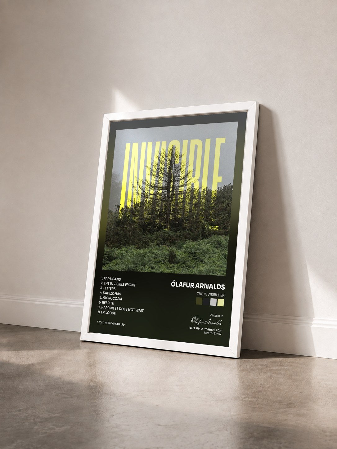 #blanc Tableau de l'album The Invisible EP de Ólafur Arnalds vu de trois quarts, cadre blanc