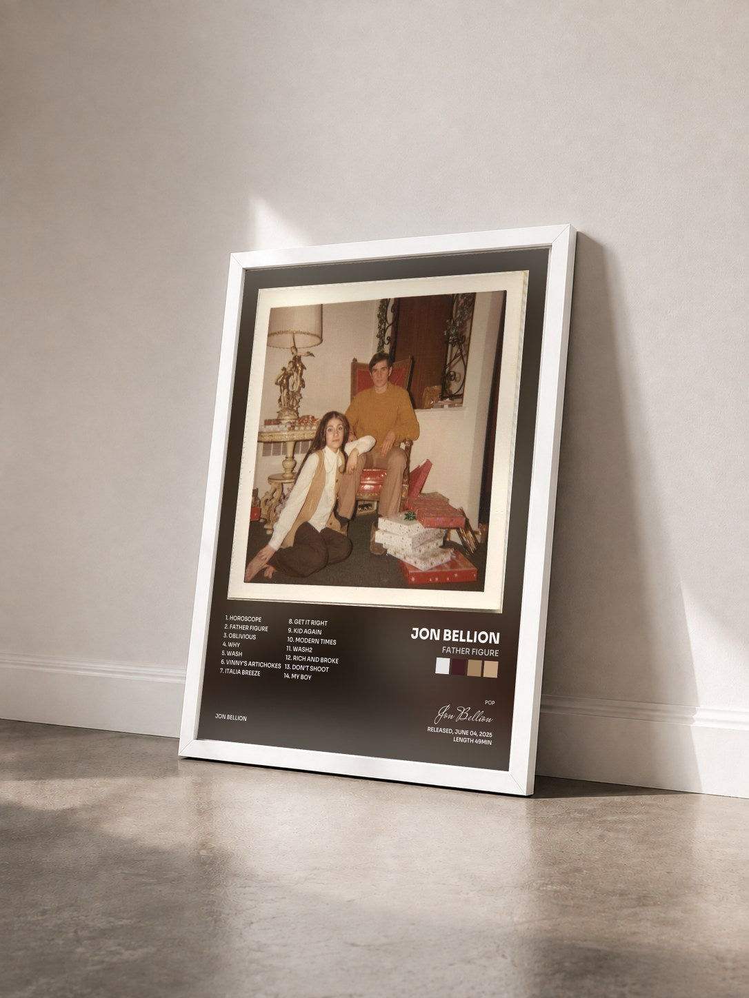 #blanc Tableau de l'album FATHER FIGURE de Jon Bellion vu de trois quarts, cadre blanc