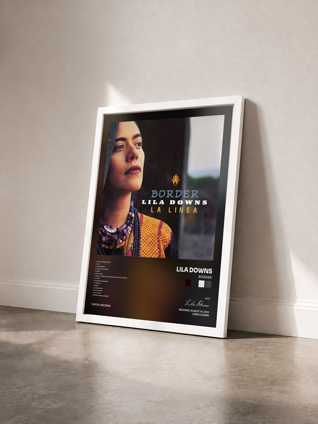 #blanc Tableau de l'album Border de Lila Downs vu de trois quarts, cadre blanc