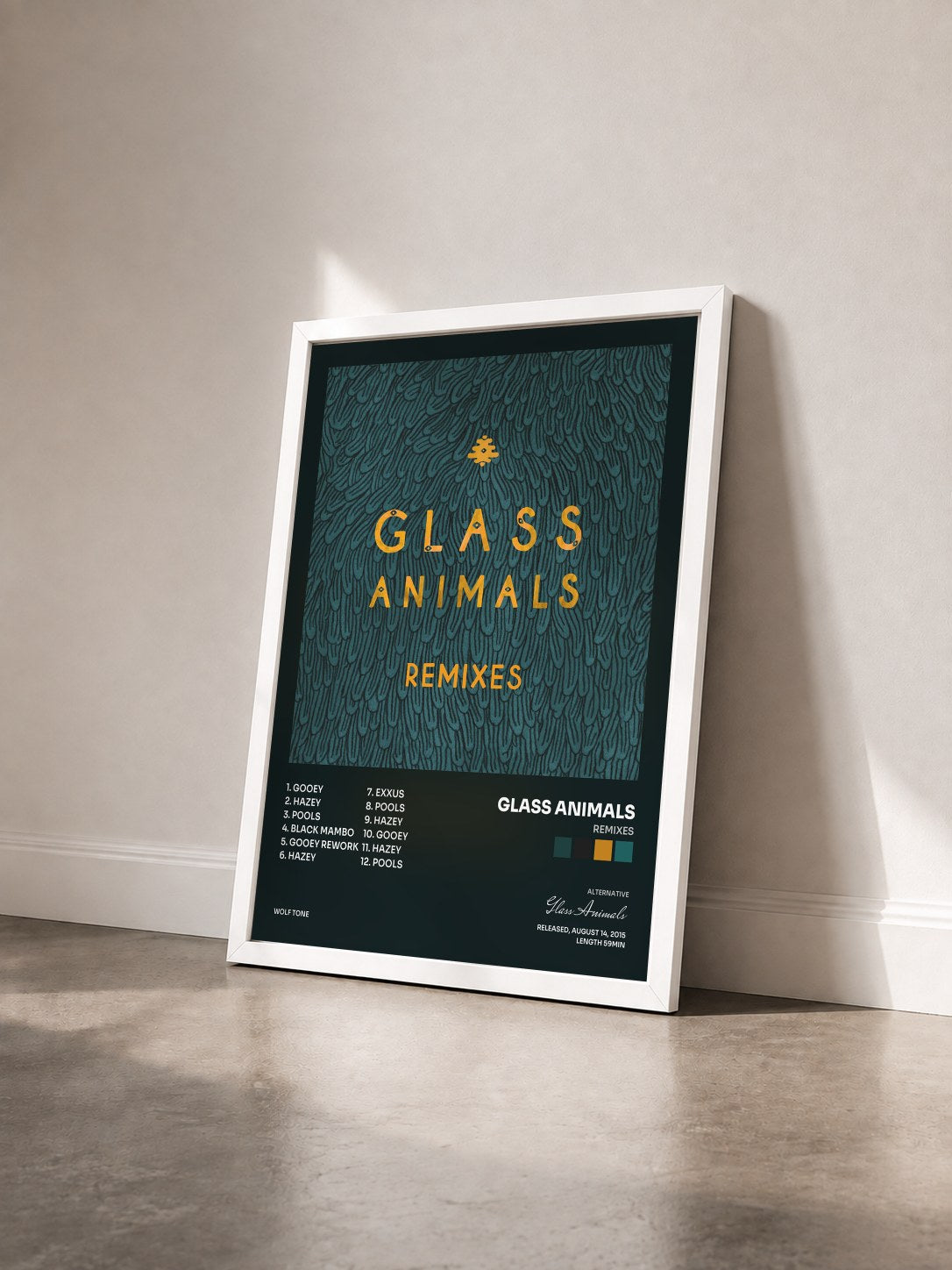 #blanc Tableau de l'album Remixes de Glass Animals vu de trois quarts, cadre blanc