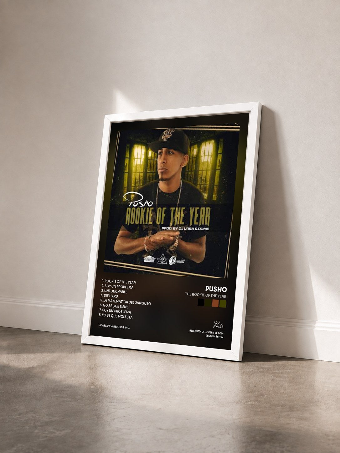 #blanc Tableau de l'album The Rookie of the Year de Pusho vu de trois quarts, cadre blanc