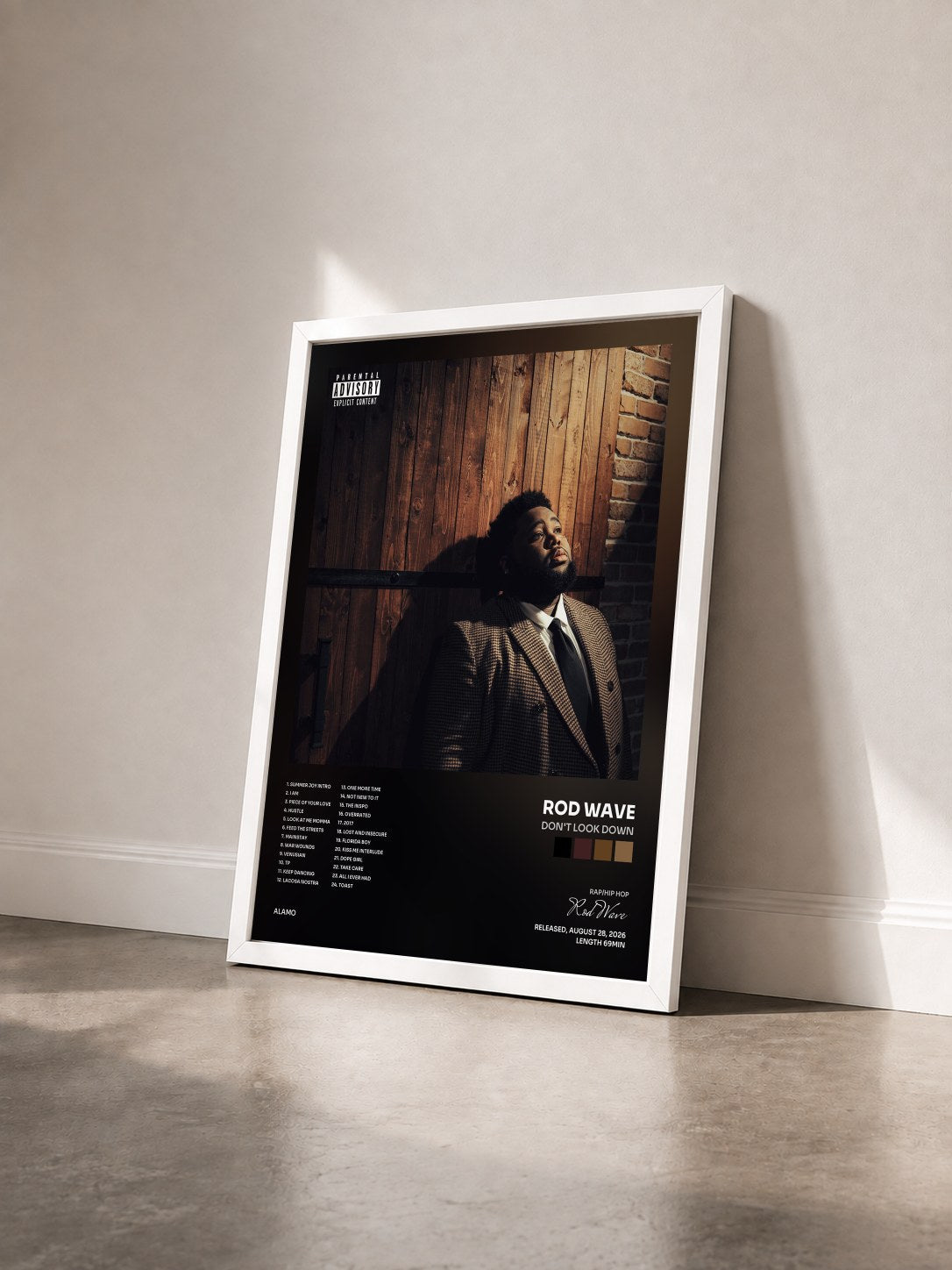 #blanc Tableau de l'album Don't Look Down de Rod Wave vu de trois quarts, cadre blanc