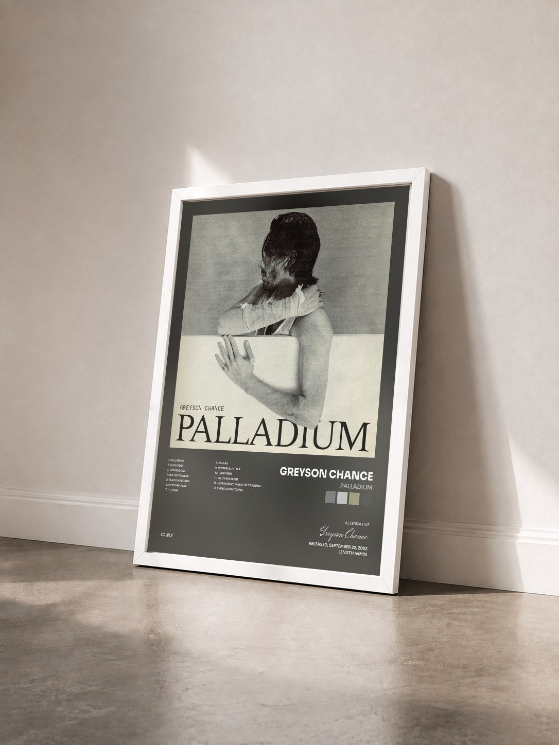 #blanc Tableau de l'album Palladium de Greyson Chance vu de trois quarts, cadre blanc