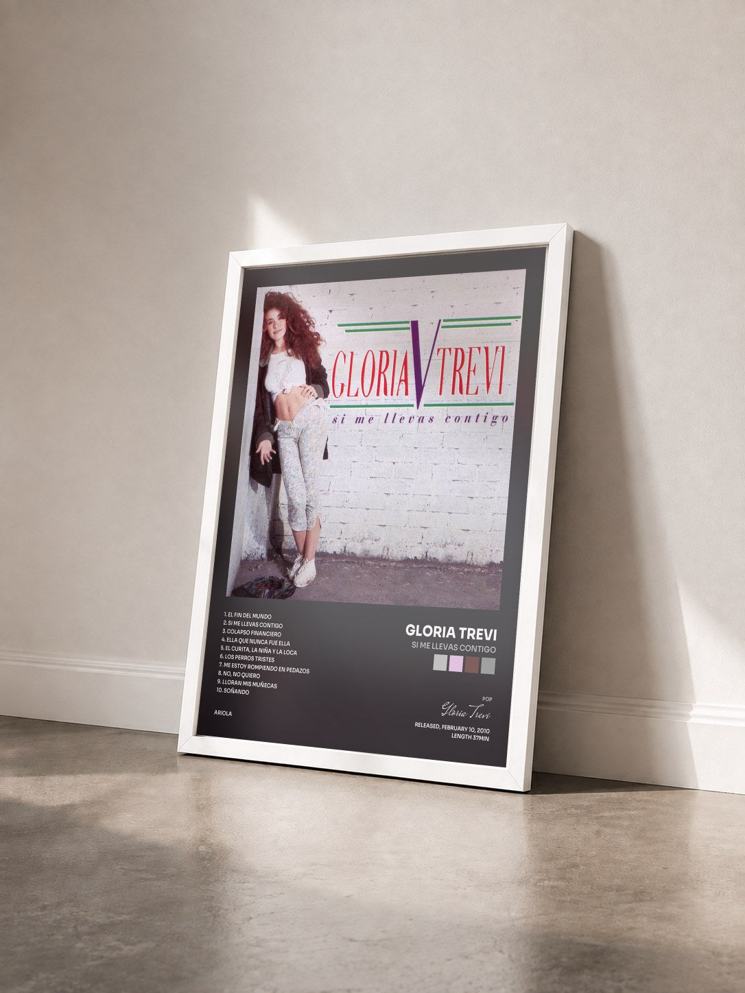 #blanc Tableau de l'album Si Me Llevas Contigo de Gloria Trevi vu de trois quarts, cadre blanc